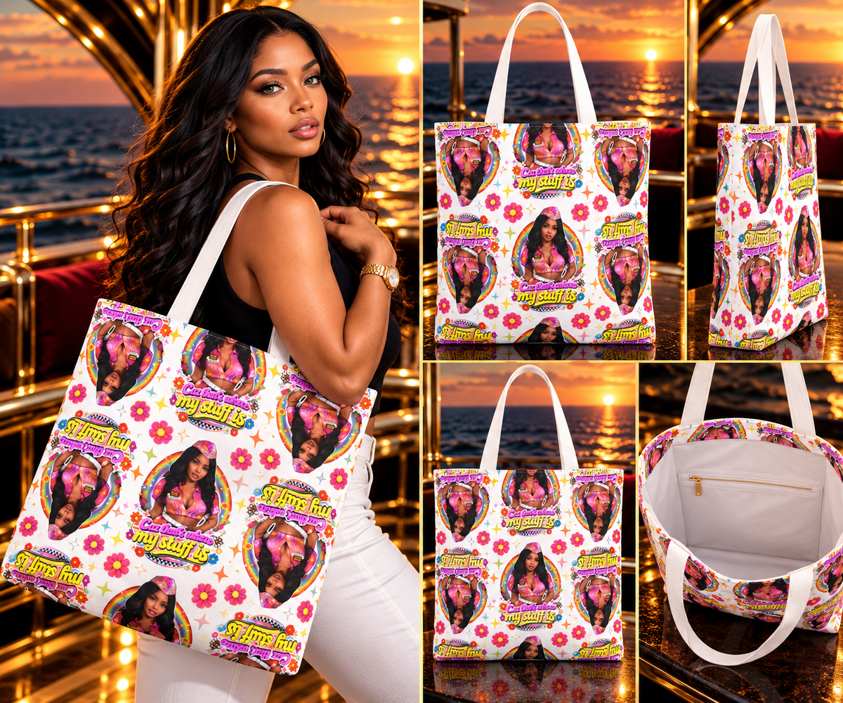 Dive Into Style all-over tote lifestyle concept on yacht, featuring repeating retro floral print