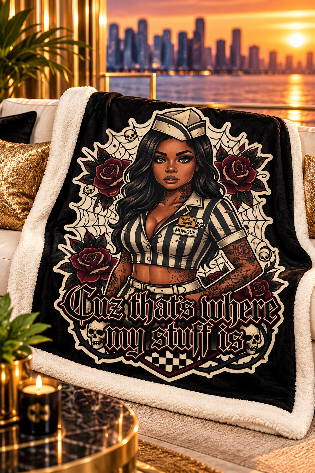 Ocean Dreams Sherpa Blanket styled on a cream sofa in a luxurious golden sunset lounge
