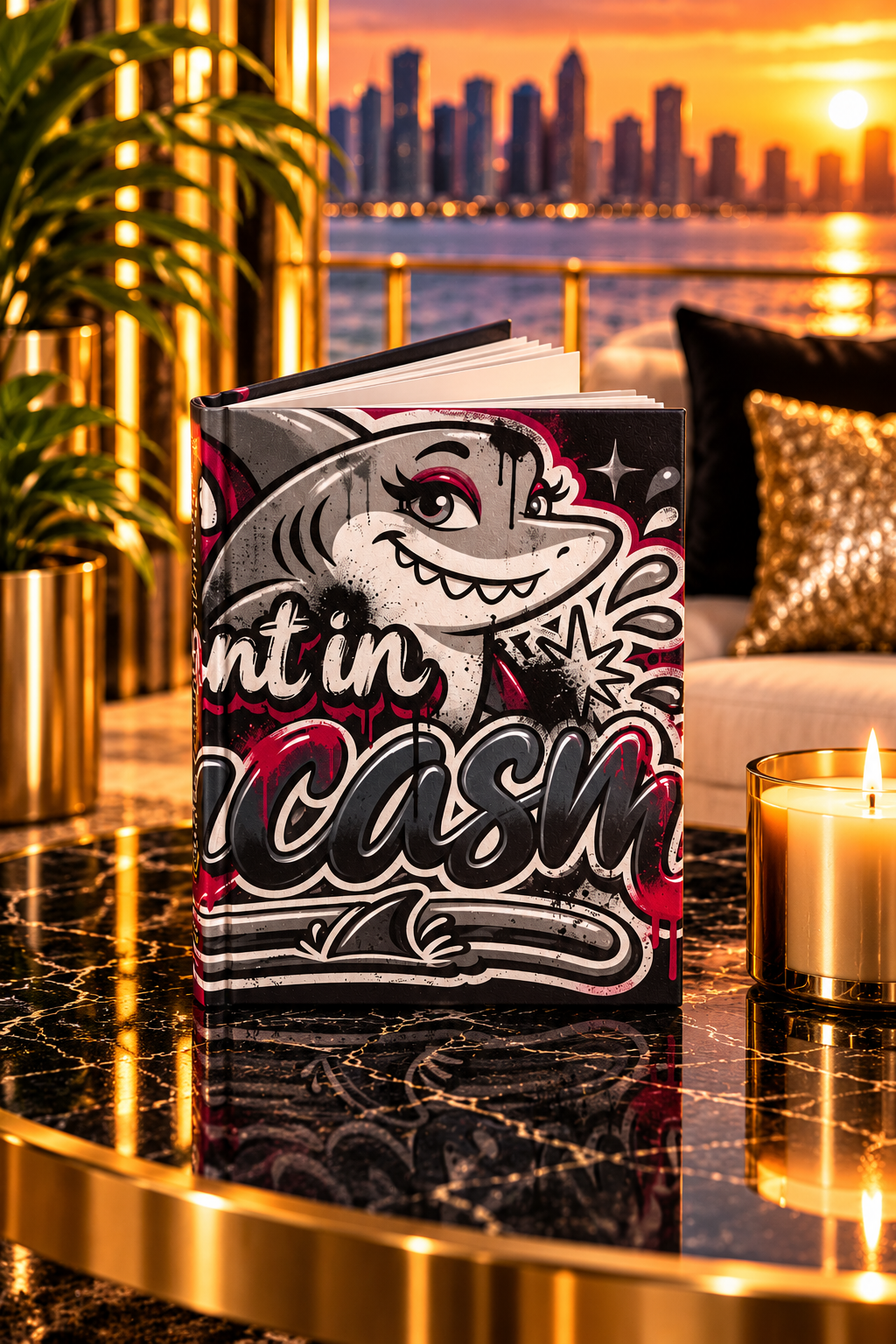 Ocean of Ideas Journal on luxury black marble table beside unbranded candle at sunset