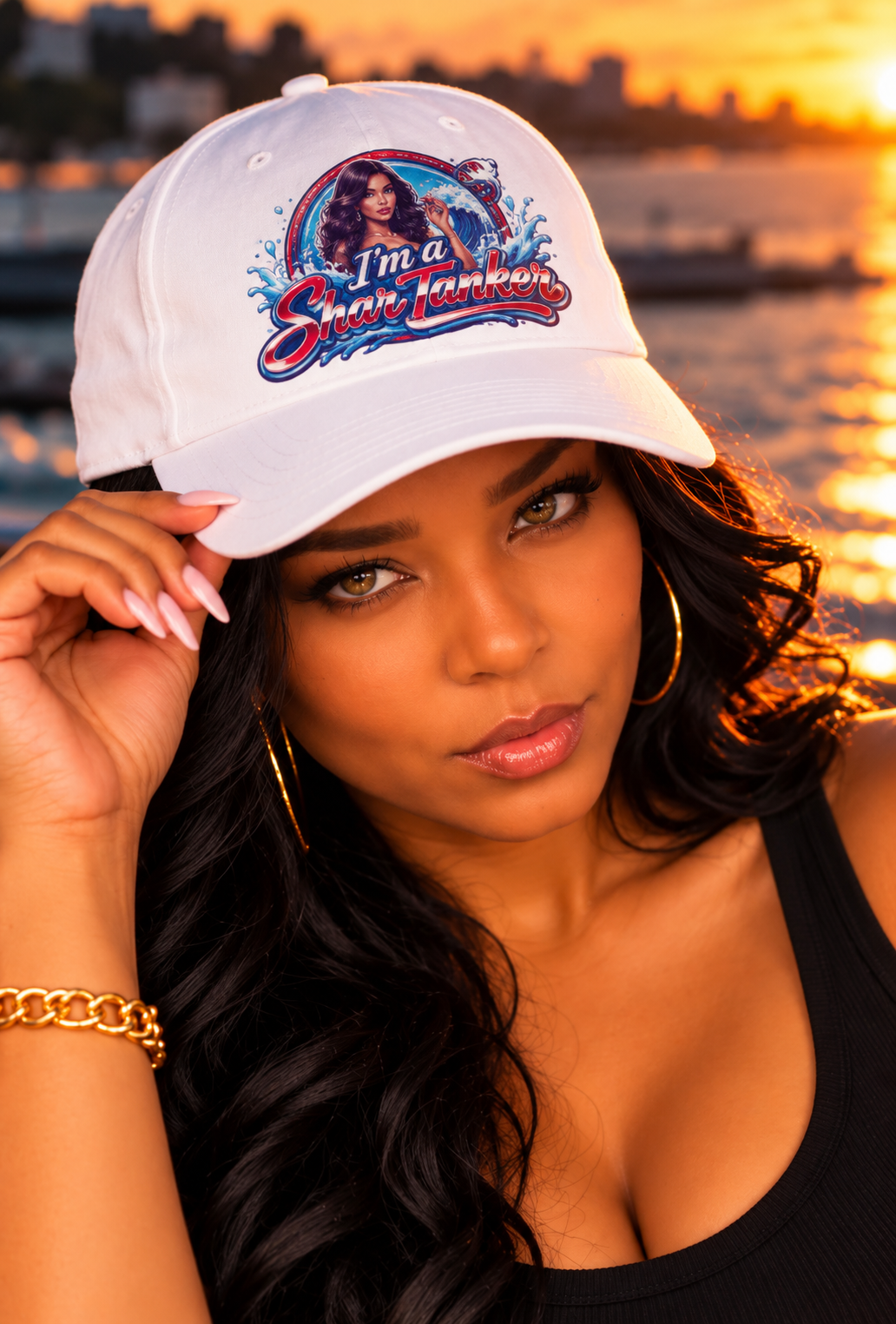 Shar wearing the white I'm a Shar Tanker cap at golden-hour sunset