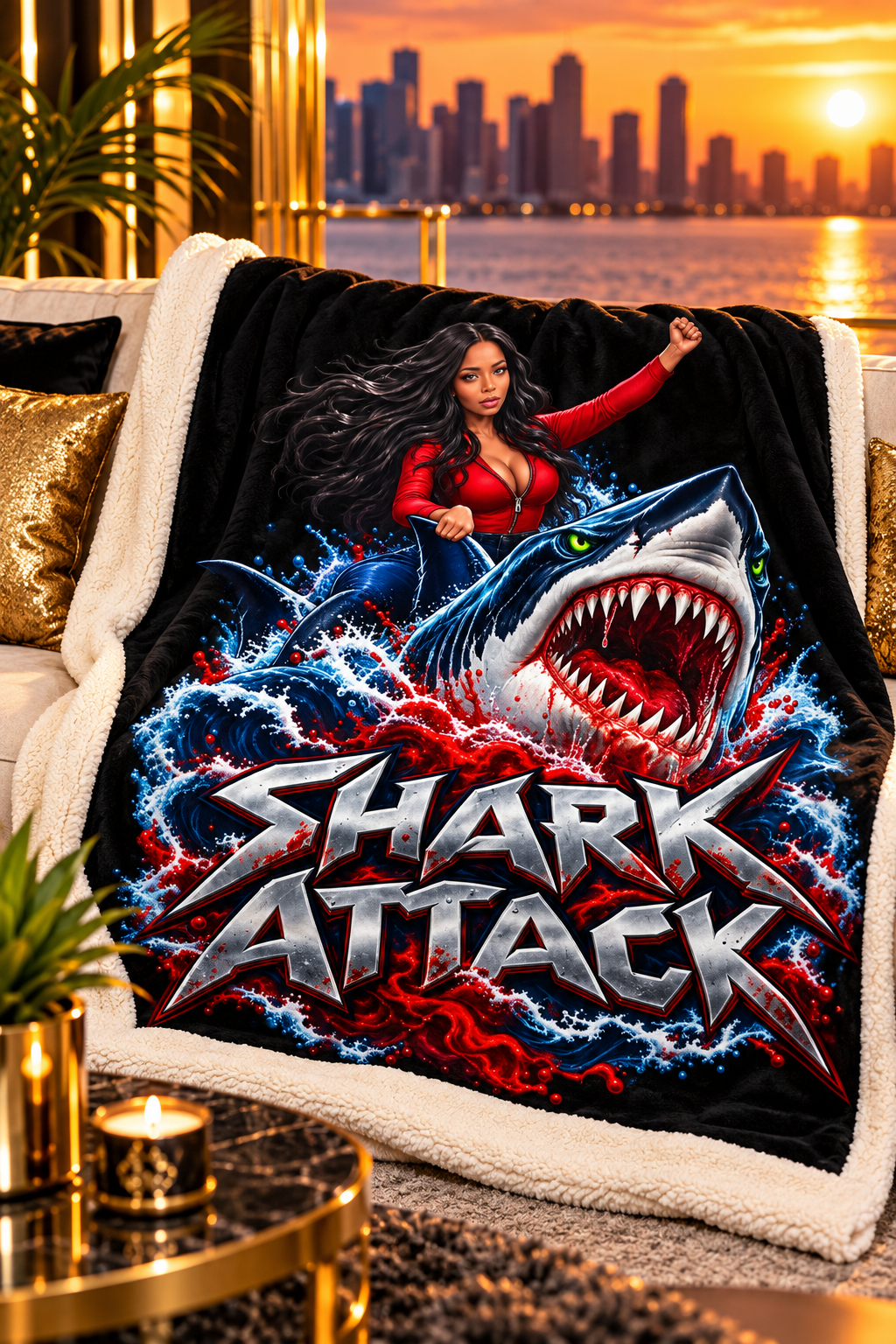 Shark Attack Deep-Sea Dream Sherpa Blanket styled on a cream sofa in a luxury waterfront sunset lounge