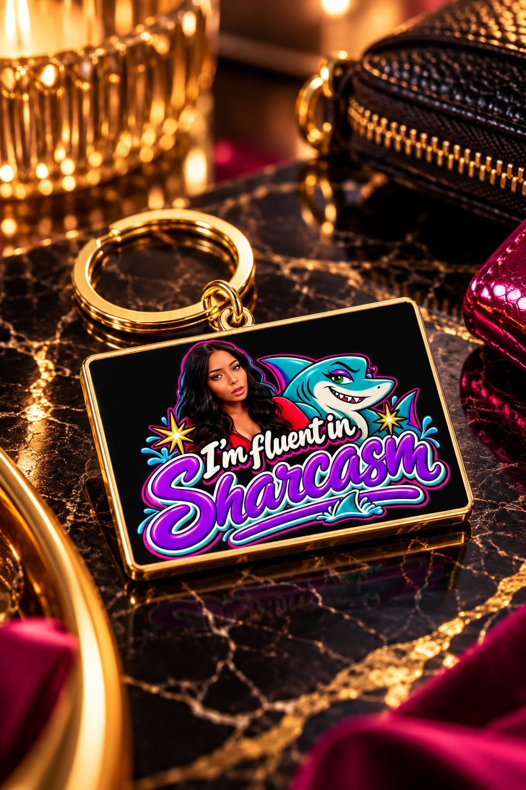 Gold plated Sharkasm keychain featured on luxury black marble