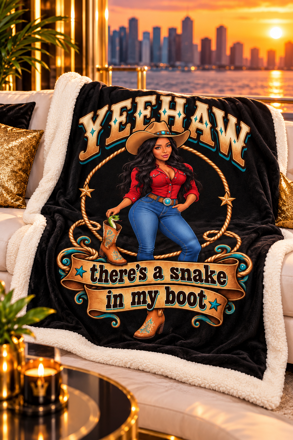 Under the Waves Sherpa Blanket in a luxurious golden sunset lounge