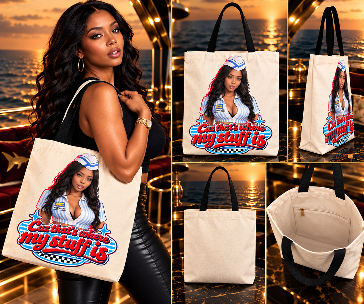 Wave Maker Canvas Tote lifestyle gallery showing model carrying the graphic tote on a yacht at sunset