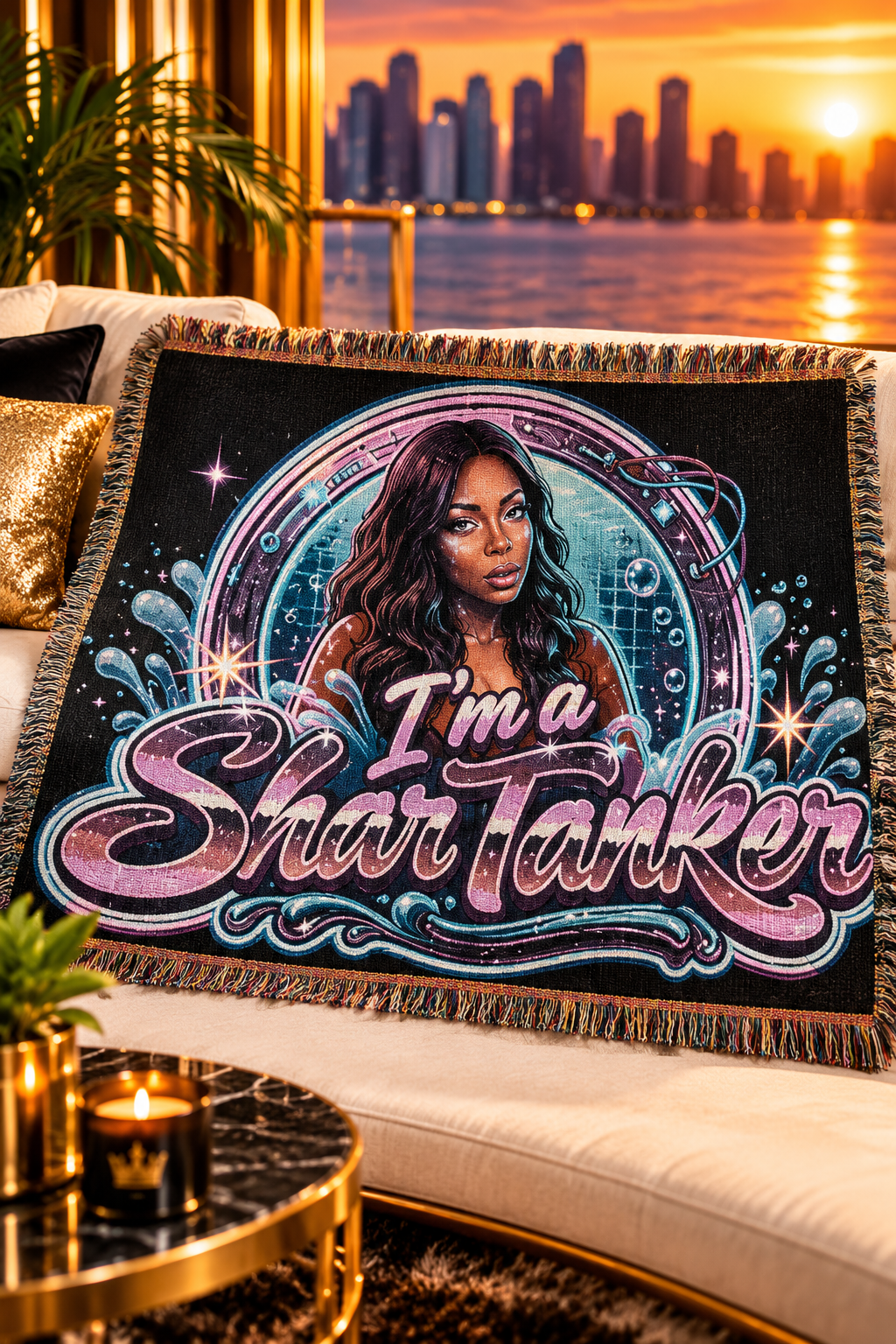 Waves of Comfort woven blanket in luxurious sunset lounge
